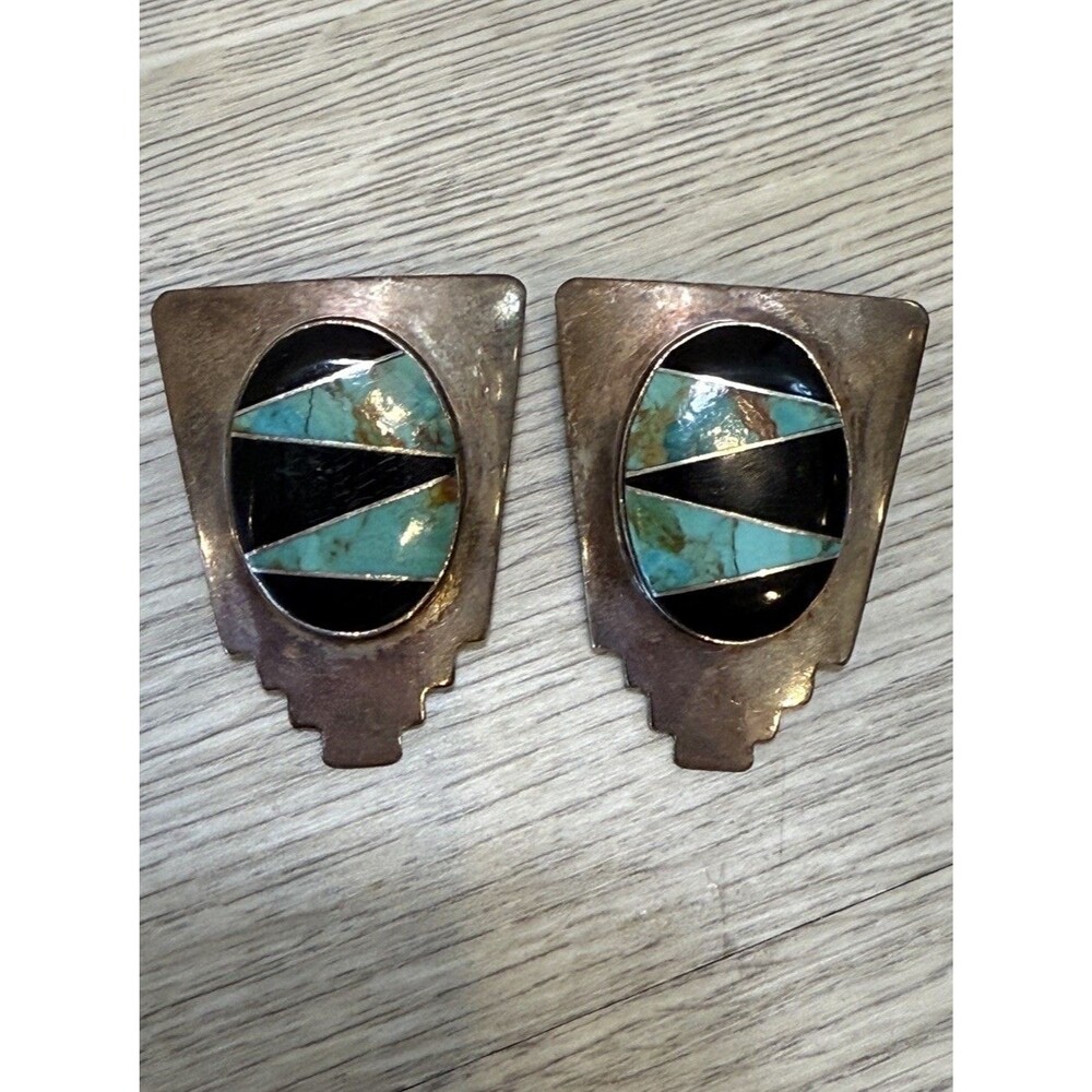 Vintage Turquoise Inlay Earrings Navajo Sterling Silver Fred Maloney Geometric